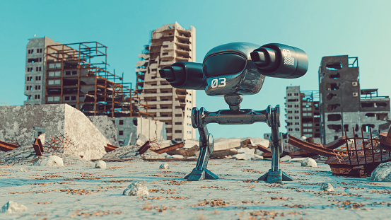 Futuristic mech warrior with weapons stands in the middle of demolished city