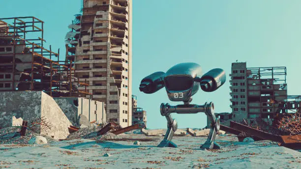 Concept of future war and disasters. A robot with two legs and gun turrets walks the street of a city which has been destroyed. Either by war og natural disaster.