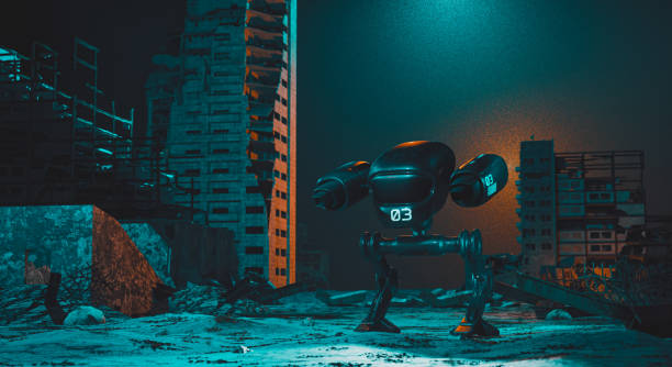istock Robot with guns patrols war zone at night 1284382188