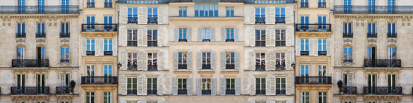 Classic urban architecture panoramic background. Street of the downtown of Paris, France