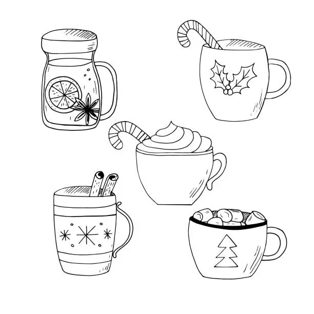 Vector illustration of mugs with a warm drink cinnamon and candy cane. set icon, card, poster, menu. sketch hand drawn doodle. vector monochrome. Christmas. cocoa, coffee, tea.