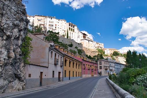 Calle Huecar en la ciudad de Cuenca con sus tradicionales casas blancas photo