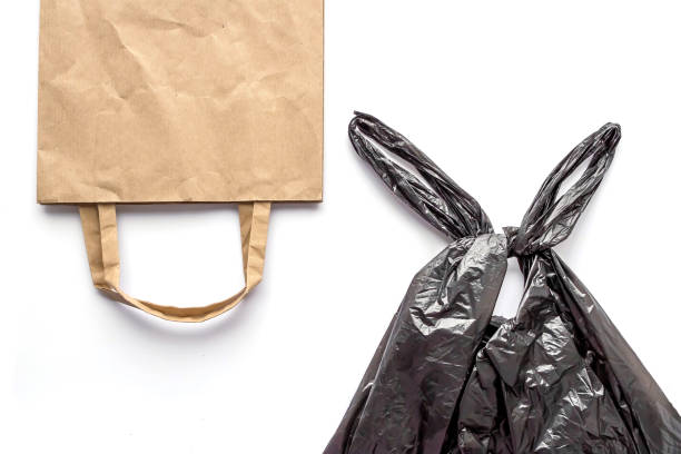 istock Brown recyclable eco paper bag vs black plastic bag isolated on white background. Environmental choice concept. Zero waste. Top view, flat lay, copy space. 1284390101