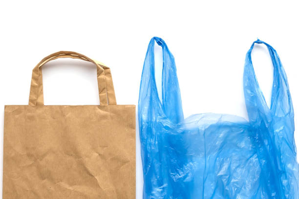 istock Brown recyclable eco paper bag vs blue plastic bag isolated on white background. Environmental choice concept. Zero waste. Top view, flat lay, copy space. 1284390120