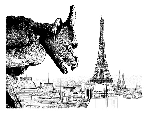 Aerial panoramic view of Paris with gargoyle sculpture on Notre-Dame cathedral in France - vector illustration