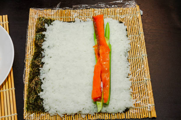 istock The process of making sushi with cucumber, avocado and salmon. 1284391129