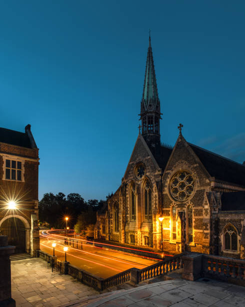 Prestigious Harrow School buildings at night