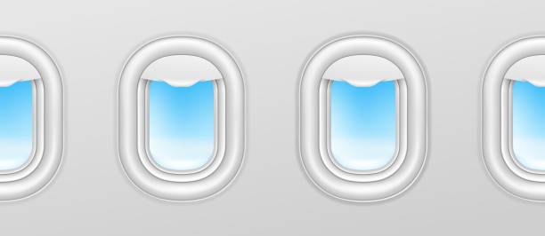 istock Aircraft windows. Airplane illuminators, plane portholes seamless vector exterior with blue sky outside 1284394138