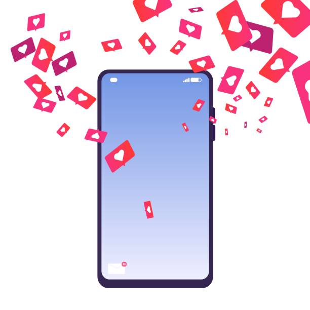 istock Likes addiction. Phone with likes, social media addiction. Vector isolated smartphone and notifications illustration 1284394158