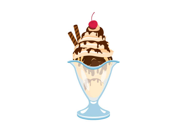 illustrazioni stock, clip art, cartoni animati e icone di tendenza di gelato sundae con panna montata, glassa al cioccolato e ciliegia sul vettore superiore - coppa gelato