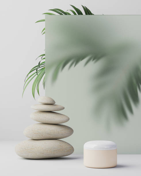 istock Composition with body cream in jars on light background. Palms. Mock up for product display. 3d illustration 1284398090
