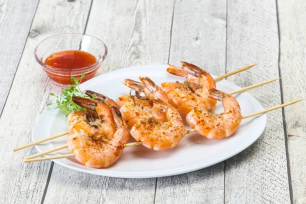istock Grilled prawn skewer with sauce 1284399849