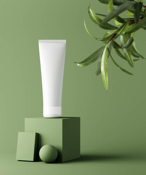 Natural cosmetic minimal stage for product presentation. Cosmetic jar podium and green leaf on monochrome background. 3d render stock photo