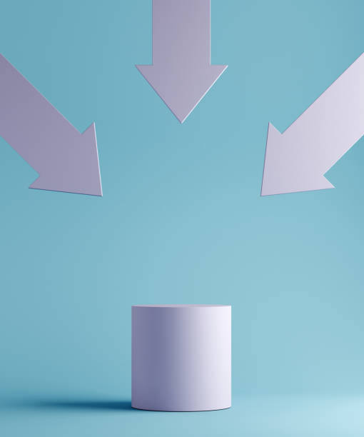 Pastel color cosmetic product presentation scene. 3d illustration with arrows stock photo