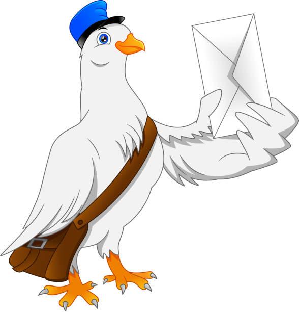 istock Cartoon funny pigeon bird delivering letter 1284400180