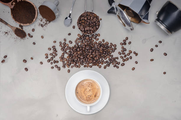 istock Background with assorted coffee, coffee beans, Cup of black  coffee, Coffee maker equipment 1284403981