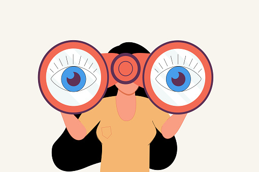 The woman looks through her large binoculars, looking for something. The girl is watching someone closely. Vector cartoon illustration. Binoculars. Search concept. Discover future, exploration, find