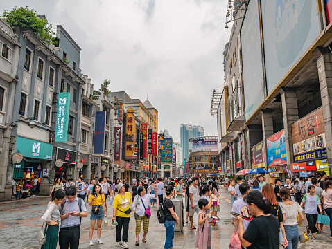 Guangzhou/China-26 Aug 2019:Unacquainted people walking on Shangxiajiu walking street at guangzhou china.Shangxiajiu Pedestrian Street, or simply as Shangxiajiu, is a commercial pedestrian street