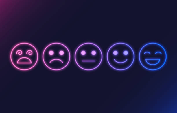 ilustraciones, imágenes clip art, dibujos animados e iconos de stock de feedback rating faces glowing neon - behavior smiley face occupation expressing positivity