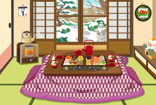 bildbanksillustrationer, clip art samt tecknat material och ikoner med japanska nyårs kort illustration design. kotatsu och nyårsrätter. - tatami mat