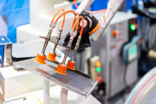 high technology and precision robot arm and automatic vacuum or suction cup for pick & place transportation metal sheet plate or material goods or product of manufacturing process in industrial