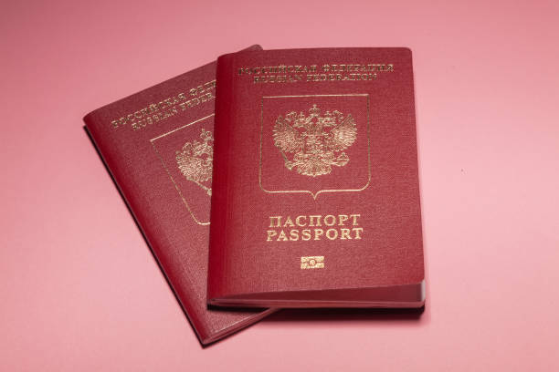 istock Two foreign passports Russia on a pink background 1284413696