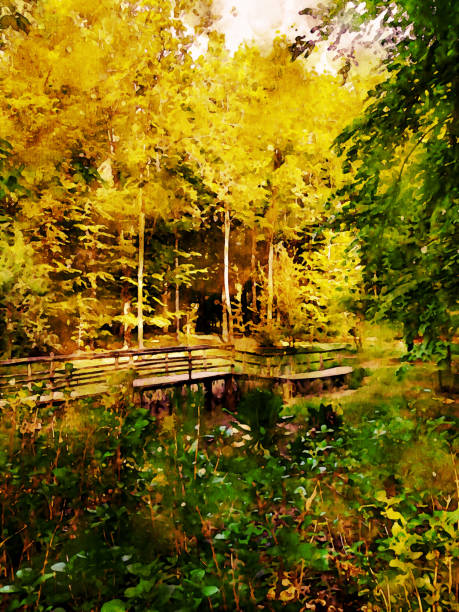 istock Autumn colored forest and small bridge - watercolor effect 1284413738