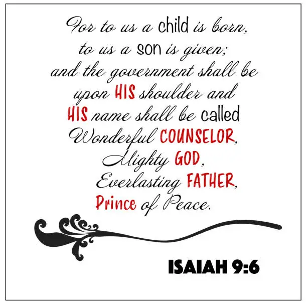 Vector illustration of Isaiah 9:6- Child is born, counselor, God, father, prince of peace, vector on white background for Christian Christmas encouragement from the Old Testament Bible scriptures.