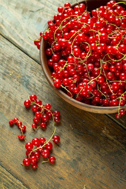 istock Sweet fresh red currant in a plate on wood table. 1284417702