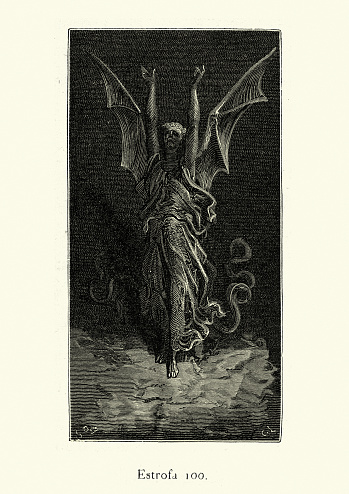 Vintage illustration of Demon fallen angel emerging from the darkness, scene from Orlando Furioso illustrated by Gustave Dore
