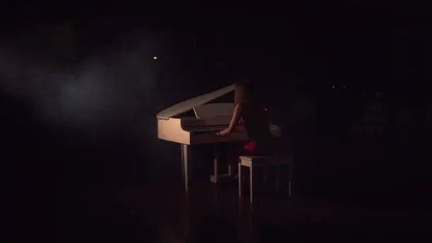 Photo of Pianist plays beautiful white grand piano on stage in concert . View from the back.Young beautiful girl in a red dress and plays the piano in a black room with a slight feeling of smoke