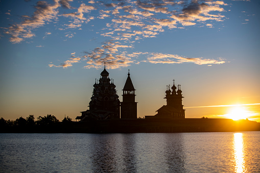 panoramic view of the old wooden architectural complex at sunrise