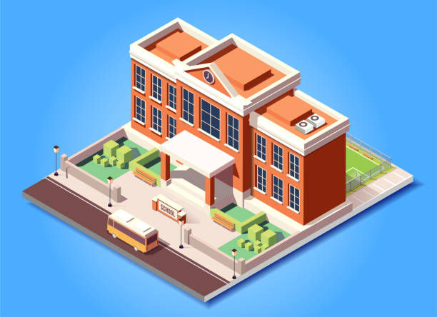 ilustrações de stock, clip art, desenhos animados e ícones de isometric building school vector illustration - bus school bus education cartoon