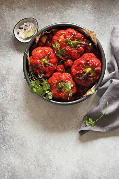 istock Oven backed red paprika   stuffed  meat and vegetables. 1284425106