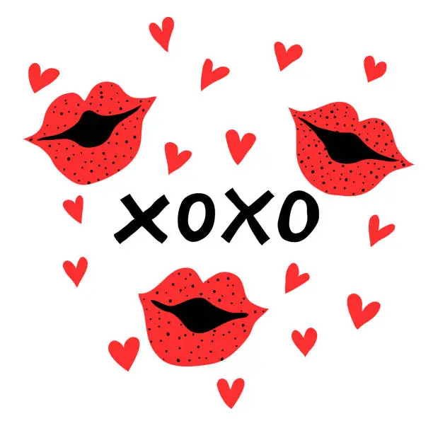Vector illustration of xoxo phrase, kiss sign, lips and hearts. Romantic hand drawn print design for valentine's day.