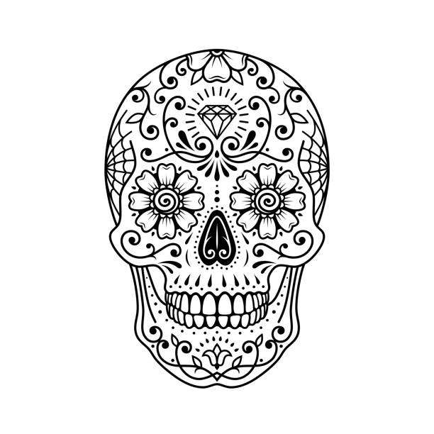 흰색에 장식 그린 멕시코 설탕 두개골 - day of the dead skull tattoo mexico stock illustrations