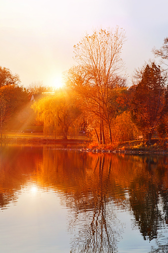 Tranquil Lake and sunset with vibrant fall colors
