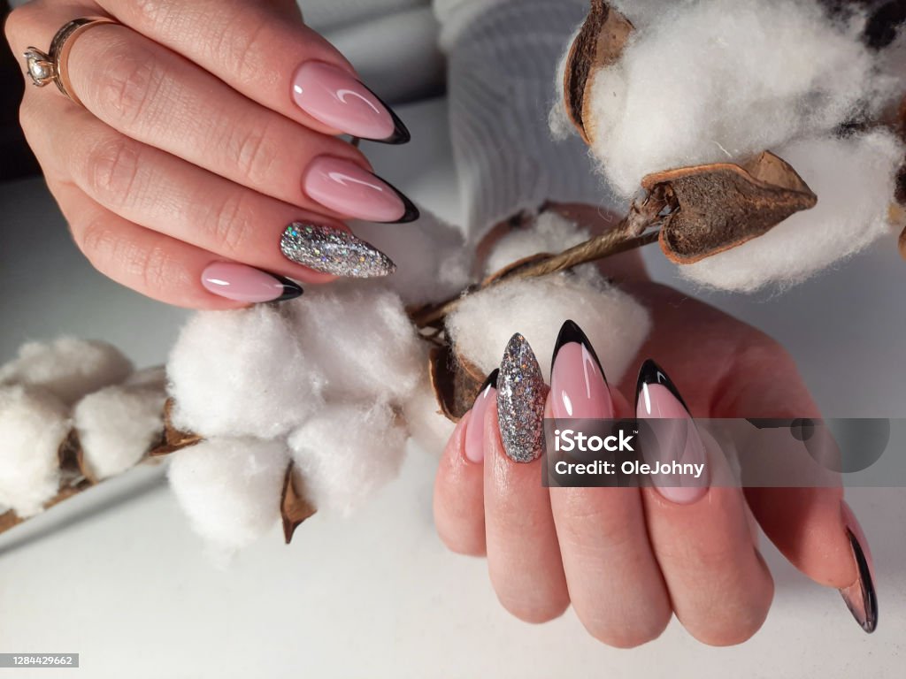 Hands With Long Pink Nails Hold A Sprig Of Cotton Black French Manicure  With Silver Glitter Design Female Fingers With Beautiful Nails Stock Photo  - Download Image Now - Istock