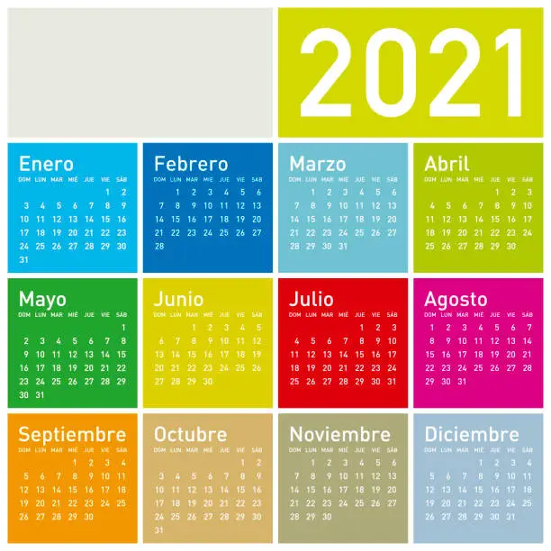 Vector illustration of Colorful Calendar for Year 2021, in Spanish.