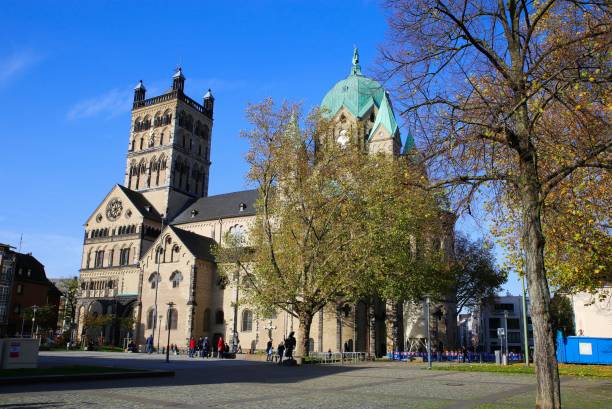 widok na plac na rzymskokatolicką bazylikę kościoła quirinus z drzewami w jesiennych kolorach - neuss zdjęcia i obrazy z banku zdjęć