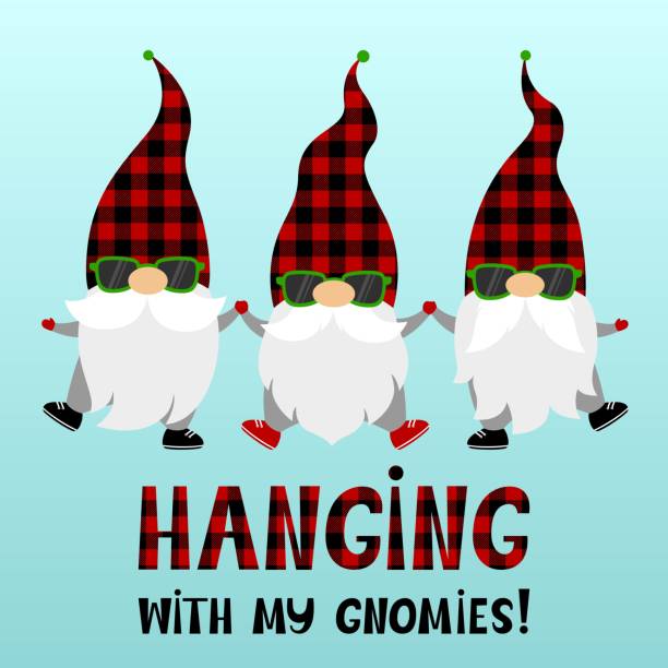 Cartoon vector gnomes in green sunglasses and plaid hats. Quote Hanging with my gnomies. Quote Hanging with my gnomes. Cartoon vector gnomes in green sunglasses and plaid hats. Funny Scandinavian Christmas characters with beards. Holiday card. Isolated on a light blue background. Gnome stock illustrations