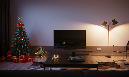 Modern living room with christmas tree and presents, night scene. ( 3d render)