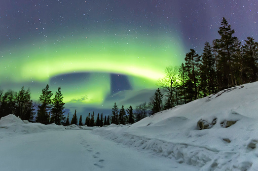 aurora borealis on the horizon over snowy road