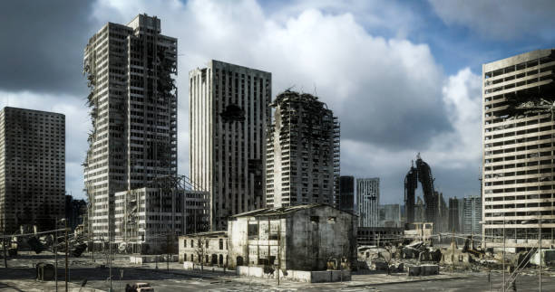 Destroyed Cityscape Digitally generated post apocalyptic scene depicting a desolate urban landscape with buildings in ruins on a partly sunny day. 

The scene was rendered with photorealistic shaders and lighting in Autodesk® 3ds Max 2020 with V-Ray 5 with some post-production added. the ruined city stock pictures, royalty-free photos & images