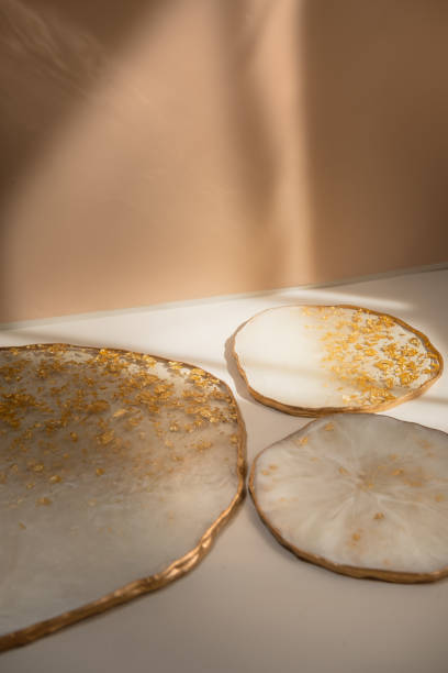 istock Epoxy resin minimalist product golden decor still life 1284434825
