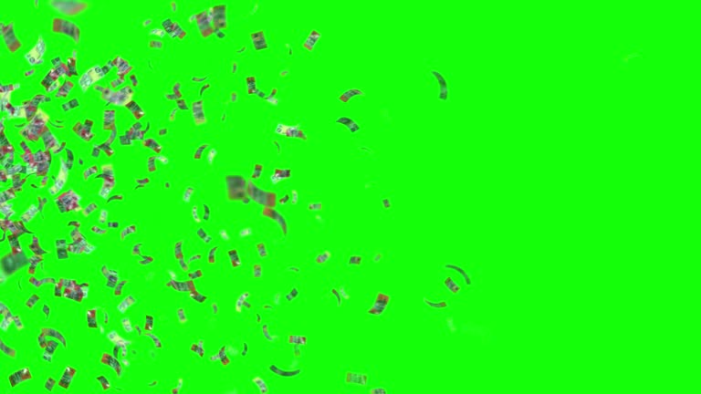 Banknotes of the Australian Dollar, 100 AUD, 50 AUD and 20 AUD mixed, animated background loop, flow, explosion 4K seamless loop, chroma key, stock video