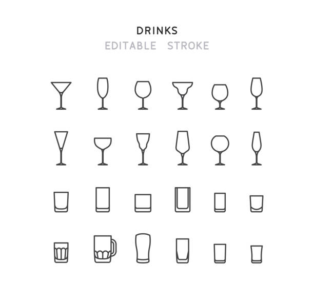 ilustraciones, imágenes clip art, dibujos animados e iconos de stock de bebidas iconos de línea trazo editable - whisky glass alcohol drink