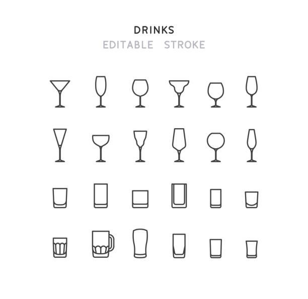 음료 라인 아이콘 편집 가능한 스트로크 - whisky shot glass glass beer glass stock illustrations