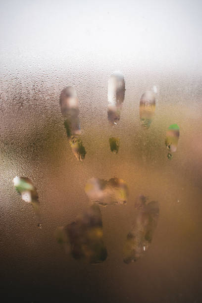 Selective focus of hand mark on glass condensation window, Right handprint with raindrop on the window with blurred background. stock photo