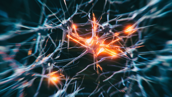 Neuron cells system disease - 3d rendered image of Neuron cell network on black background. Interconnected neurons cells with electrical pulses. Conceptual medical image.  Glowing synapse.  Healthcare, disease concept.